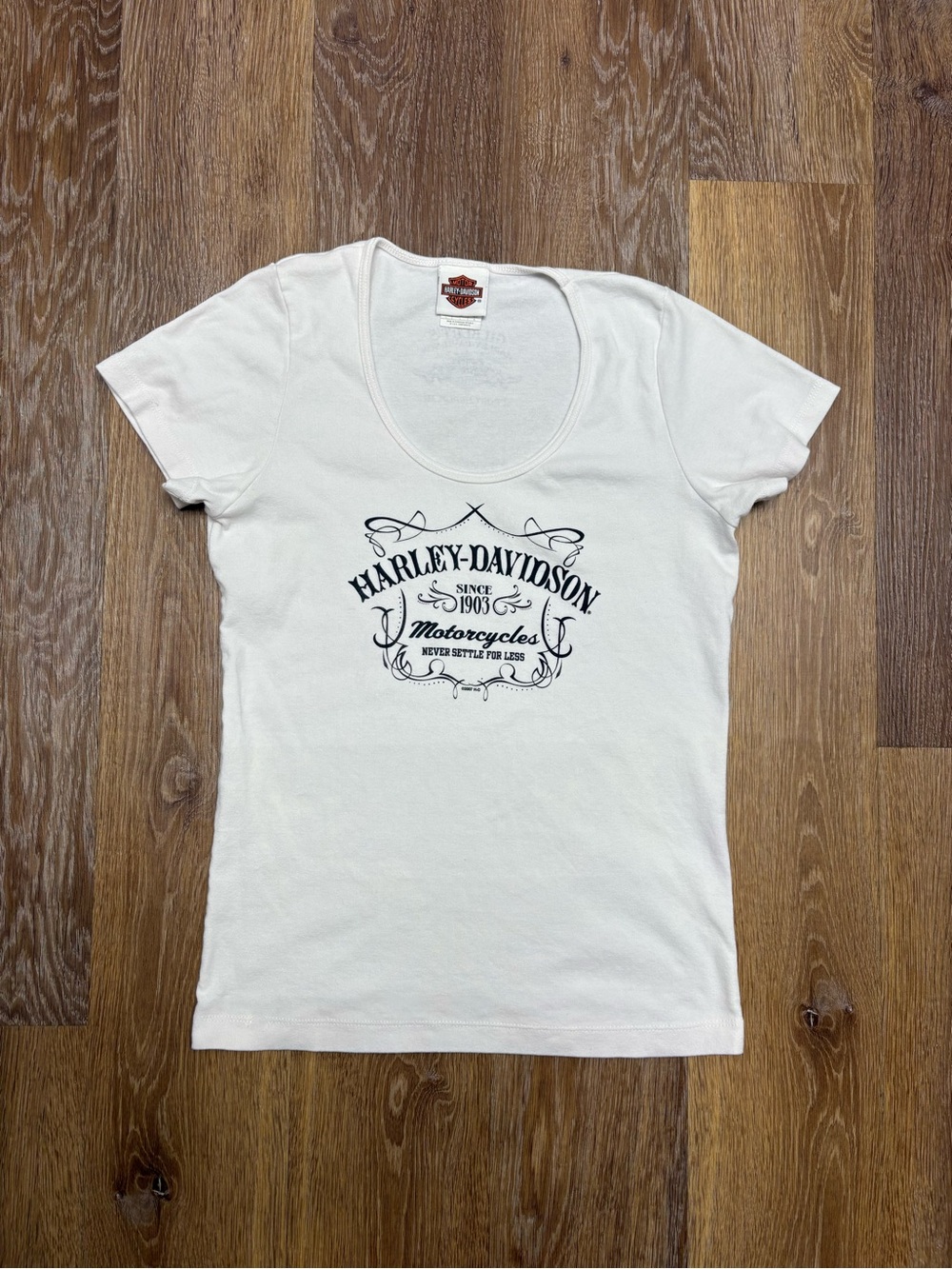 Harley-Davidson White Scoop Neck Short Sleeve Tee with Black Logo